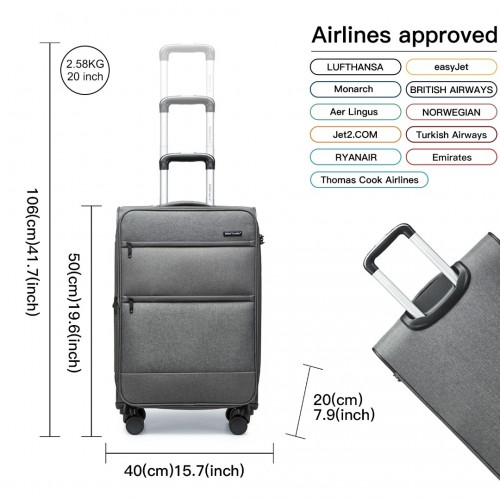 British Traveller 20 Inch Lightweight Cabin Carry-On Suitcase with Soft Shell and Laptop Compartment - Grey