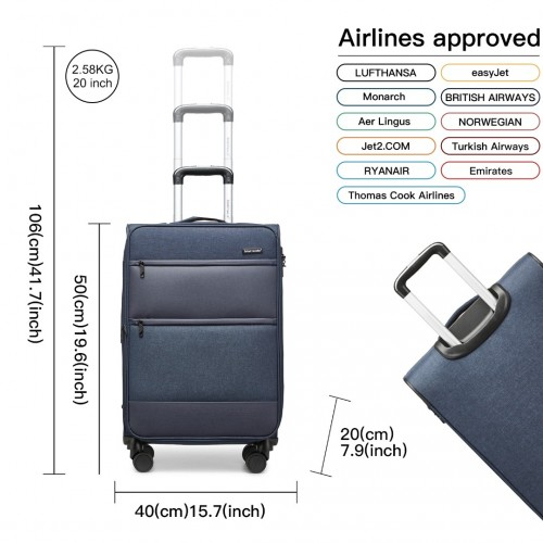 British Traveller 20 Inch Lightweight Cabin Carry-On Suitcase with Soft Shell and Laptop Compartment - Navy