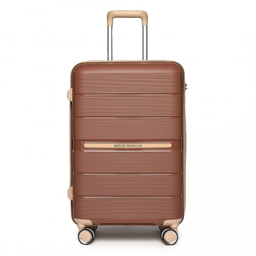 British Traveller 20 Inch Multi-Texture Polypropylene Hard Shell Suitcase With TSA Lock - Brown And Apricot
