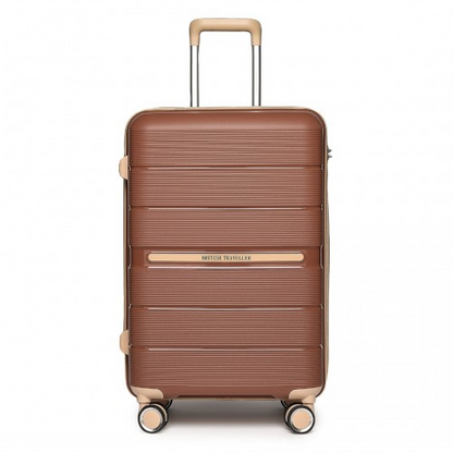 British Traveller 24 Inch Multi-Texture Polypropylene Hard Shell Suitcase with TSA Lock - Brown and Apricot