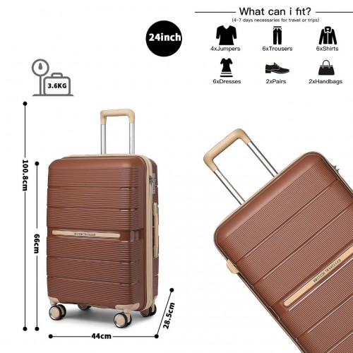 British Traveller 24 Inch Multi-Texture Polypropylene Hard Shell Suitcase with TSA Lock - Brown and Apricot
