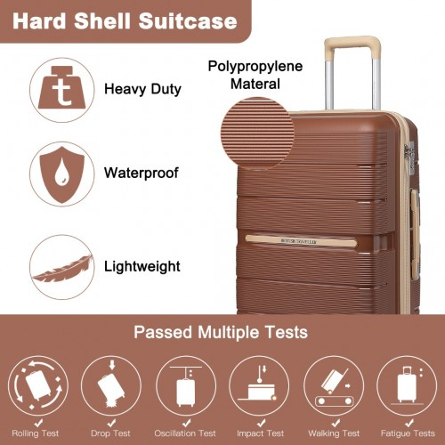 British Traveller 24 Inch Multi-Texture Polypropylene Hard Shell Suitcase with TSA Lock - Brown and Apricot