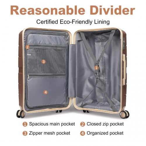 British Traveller 24 Inch Multi-Texture Polypropylene Hard Shell Suitcase with TSA Lock - Brown and Apricot