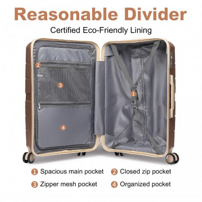British Traveller 24 Inch Multi-Texture Polypropylene Hard Shell Suitcase with TSA Lock - Brown and Apricot