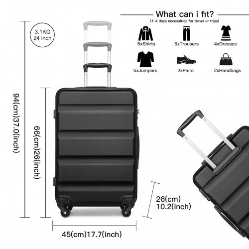 Kono 24 Inch Check-in Luggage - Sleek ABS Hardshell Suitcase with TSA Lock - Black