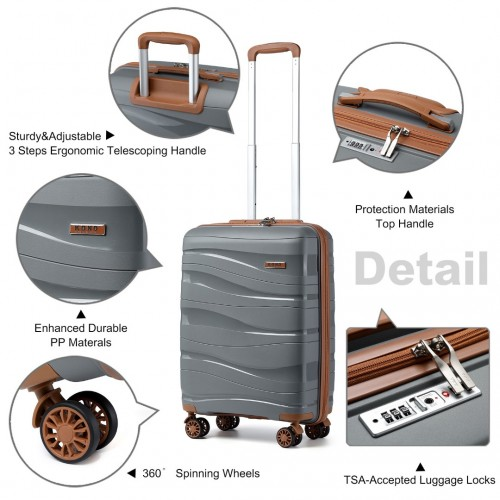 Kono 20 Inch Lightweight Polypropylene Hard Shell Suitcase With TSA Lock - Grey And Brown