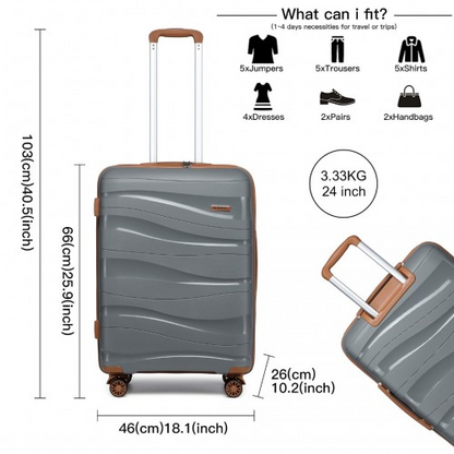 Kono 24 Inch Lightweight Polypropylene Hard Shell Suitcase with TSA Lock - Grey and Brown