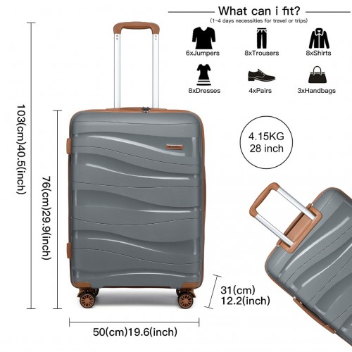 K2094L - Kono 28 Inch Lightweight Polypropylene Hard Shell Suitcase With TSA Lock - Grey And Brown