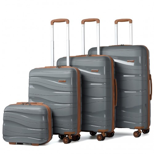 K2094L - Kono Lightweight Polypropylene Hard Shell 4 Piece Suitcase Set With TSA Lock And Vanity Case - Grey And Brown