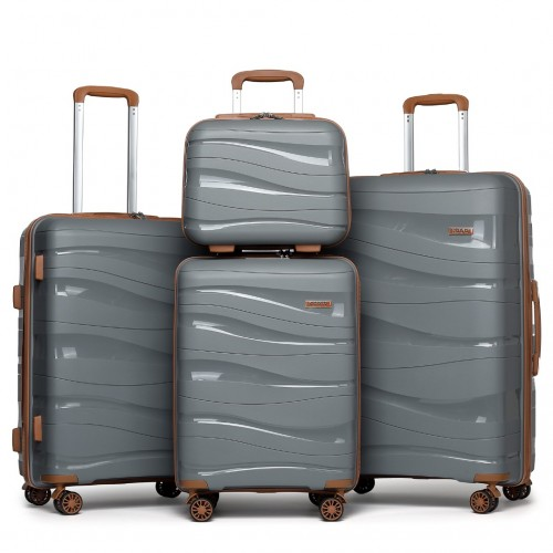 K2094L - Kono Lightweight Polypropylene Hard Shell 4 Piece Suitcase Set With TSA Lock And Vanity Case - Grey And Brown