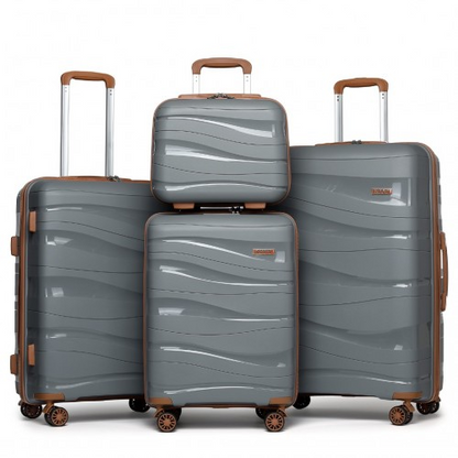 K2094L - Kono Lightweight Polypropylene Hard Shell 4 Piece Suitcase Set With TSA Lock And Vanity Case - Grey And Brown