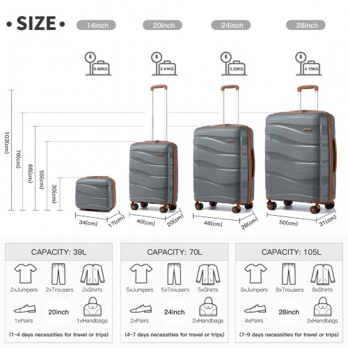 K2094L - Kono Lightweight Polypropylene Hard Shell 4 Piece Suitcase Set With TSA Lock And Vanity Case - Grey And Brown