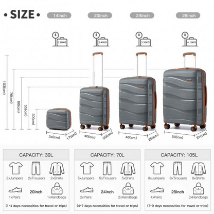 K2094L - Kono Lightweight Polypropylene Hard Shell 4 Piece Suitcase Set With TSA Lock And Vanity Case - Grey And Brown