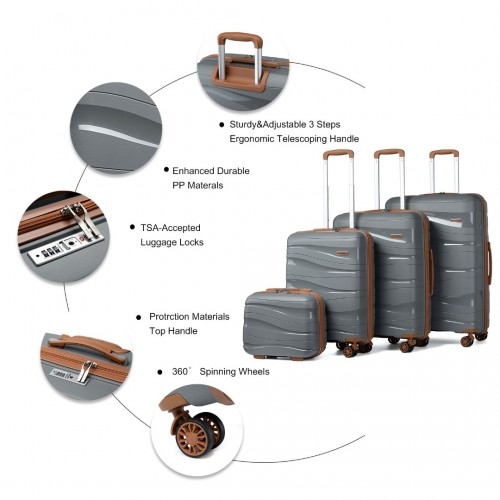 K2094L - Kono Lightweight Polypropylene Hard Shell 4 Piece Suitcase Set With TSA Lock And Vanity Case - Grey And Brown