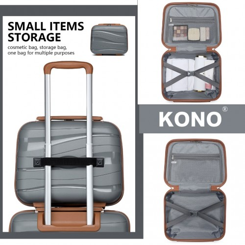 K2094L - Kono Lightweight Polypropylene Hard Shell 4 Piece Suitcase Set With TSA Lock And Vanity Case - Grey And Brown