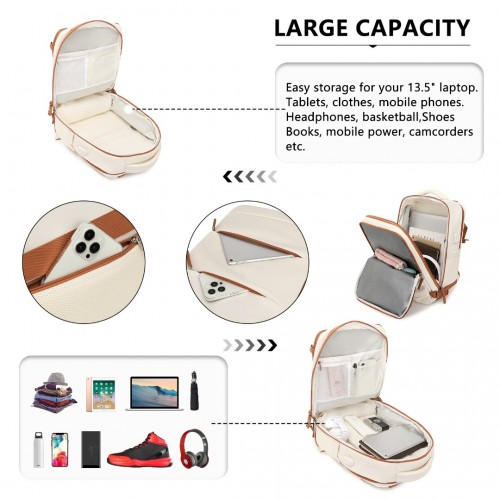 Kono Multi-Functional Breathable Travel Backpack with USB Charging Port and Separate Shoe Compartment - Beige and Brown