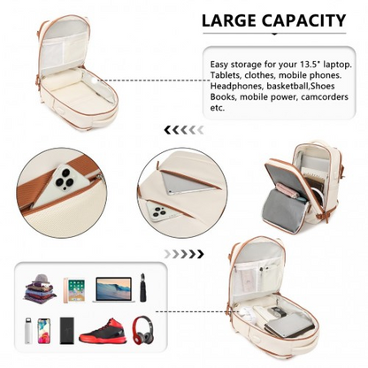 Kono Multi-Functional Breathable Travel Backpack with USB Charging Port and Separate Shoe Compartment - Beige and Brown