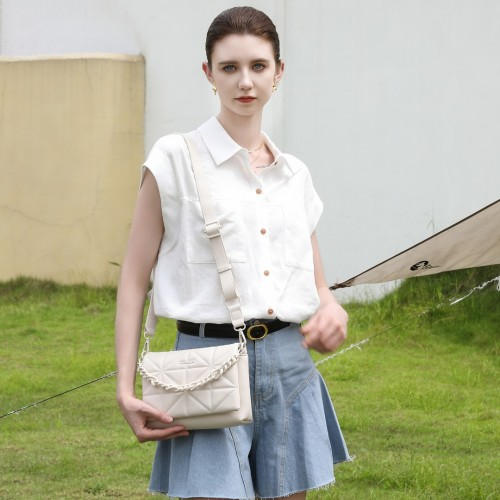 Miss Lulu Chic Quilted Shoulder Bag With Chain Strap - Beige | Elegant & Versatile Women's Handbag