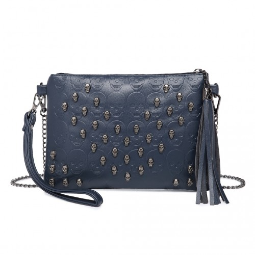 Miss Lulu Soft PU Ultra-Lightweight Clutch Bag - Skull Embossing, Tassel Detail & Long Chain Strap - Navy