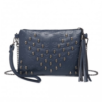 Miss Lulu Soft PU Ultra-Lightweight Clutch Bag - Skull Embossing, Tassel Detail & Long Chain Strap - Navy