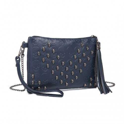 Miss Lulu Soft PU Ultra-Lightweight Clutch Bag - Skull Embossing, Tassel Detail & Long Chain Strap - Navy
