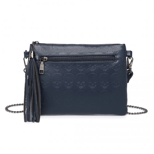 Miss Lulu Soft PU Ultra-Lightweight Clutch Bag - Skull Embossing, Tassel Detail & Long Chain Strap - Navy
