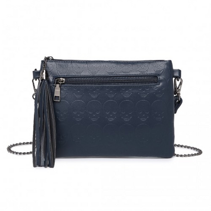 Miss Lulu Soft PU Ultra-Lightweight Clutch Bag - Skull Embossing, Tassel Detail & Long Chain Strap - Navy