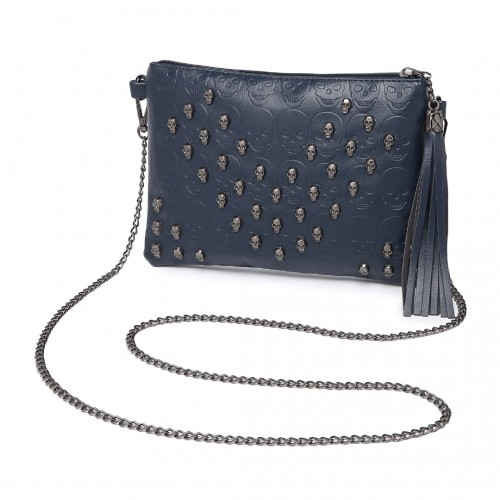 Miss Lulu Soft PU Ultra-Lightweight Clutch Bag - Skull Embossing, Tassel Detail & Long Chain Strap - Navy