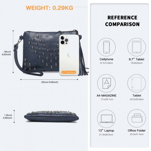 Miss Lulu Soft PU Ultra-Lightweight Clutch Bag - Skull Embossing, Tassel Detail & Long Chain Strap - Navy