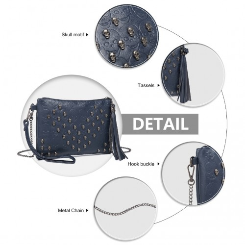 Miss Lulu Soft PU Ultra-Lightweight Clutch Bag - Skull Embossing, Tassel Detail & Long Chain Strap - Navy