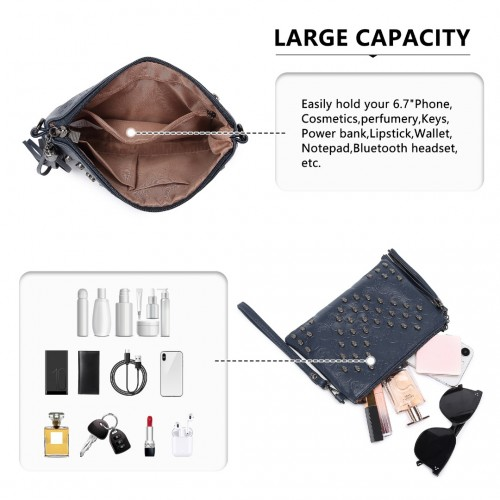 Miss Lulu Soft PU Ultra-Lightweight Clutch Bag - Skull Embossing, Tassel Detail & Long Chain Strap - Navy