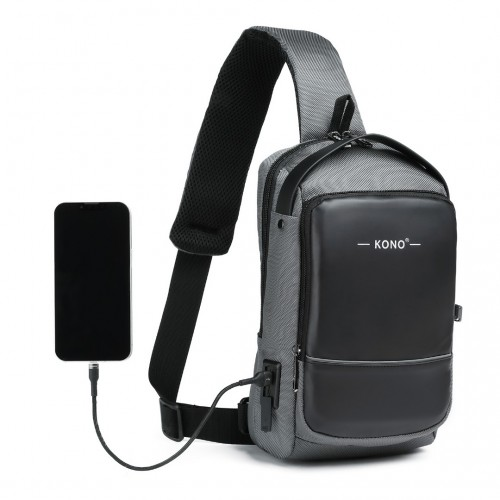 Kono Smart Sling Chest Bag with USB Charging Port – Lightweight, Single Strap Crossbody Backpack for Men and Women (Grey & Black)
