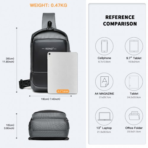 Kono Smart Sling Chest Bag with USB Charging Port – Lightweight, Single Strap Crossbody Backpack for Men and Women (Grey & Black)