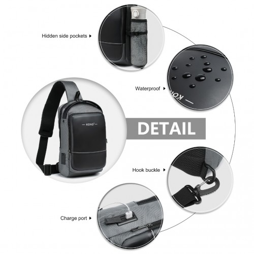 Kono Smart Sling Chest Bag with USB Charging Port – Lightweight, Single Strap Crossbody Backpack for Men and Women (Grey & Black)