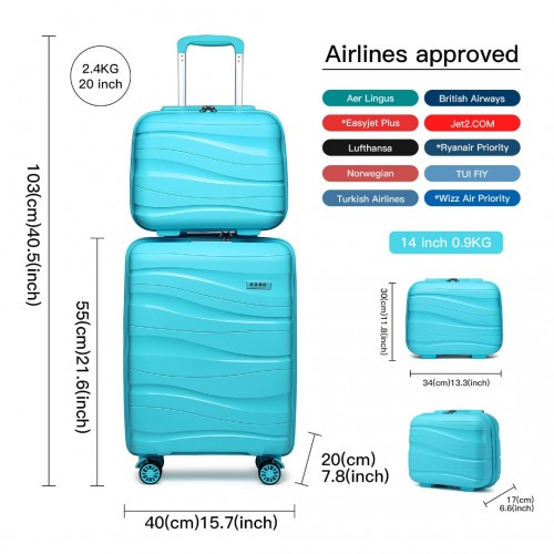K2094L - Kono 14/20 Inch Lightweight Polypropylene Hard Shell 2 Piece Suitcase Set With TSA Lock And Vanity Case - Blue