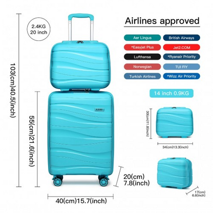 K2094L - Kono 14/20 Inch Lightweight Polypropylene Hard Shell 2 Piece Suitcase Set With TSA Lock And Vanity Case - Blue