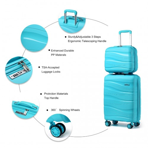 K2094L - Kono 14/20 Inch Lightweight Polypropylene Hard Shell 2 Piece Suitcase Set With TSA Lock And Vanity Case - Blue