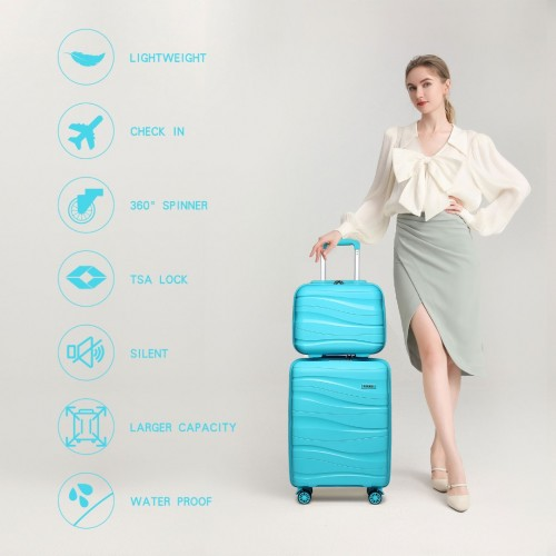 K2094L - Kono 14/20 Inch Lightweight Polypropylene Hard Shell 2 Piece Suitcase Set With TSA Lock And Vanity Case - Blue