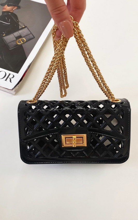 Elegant Chain Detail Handbag - Quilted Design, Black Faux Leather