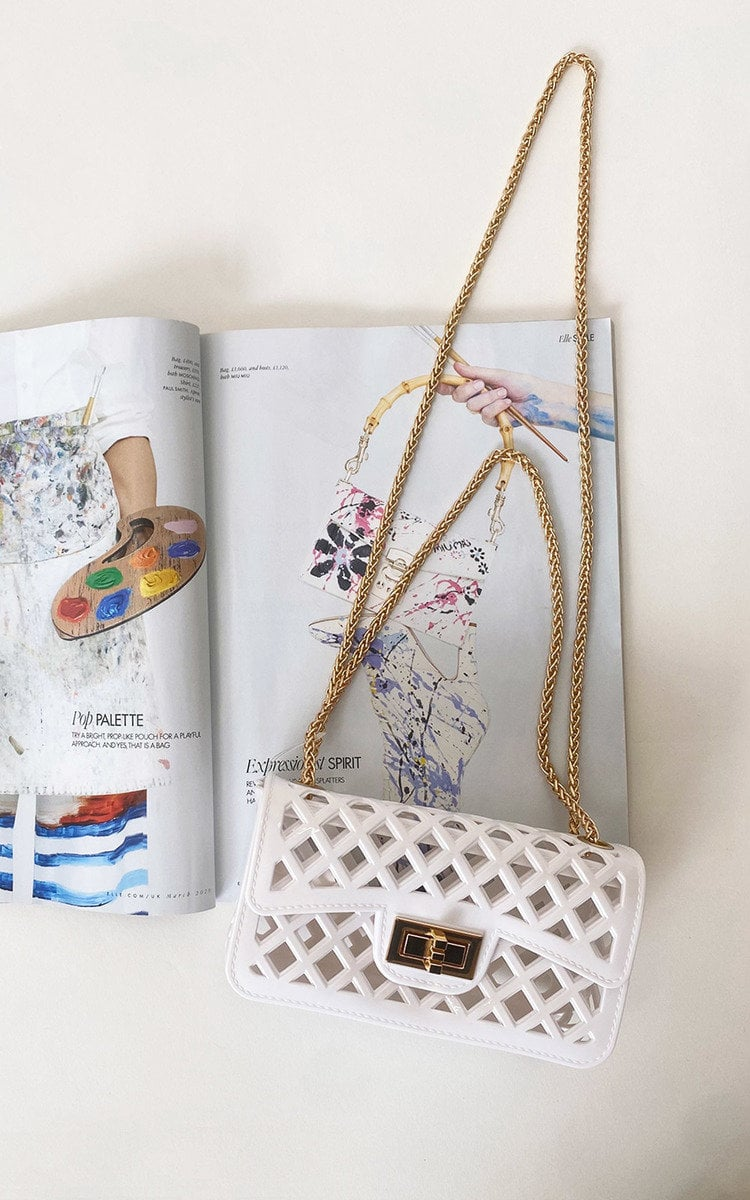 Elegant Chain Detail Handbag - Quilted Design, Black Faux Leather