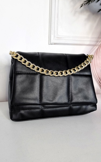 Stylish Faux Leather Padded Handbag with Gold Chain Detail - Perfect for a Night Out