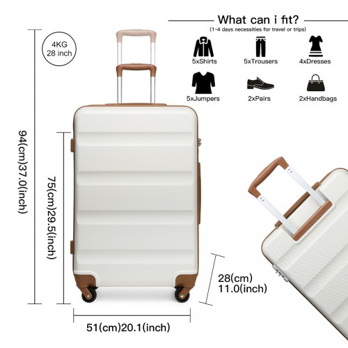 K2191L - Kono 3-Piece Lightweight ABS Hardshell Suitcase Set - 19, 24, 28 Inch with Secure TSA Lock - Cream