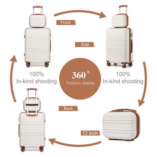 Kono ABS 4 Wheel Suitcase Set with Vanity Case - Cream | Durable & Stylish Travel Luggage