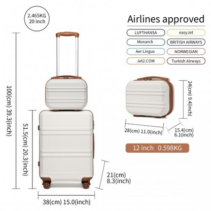 Kono ABS 4 Wheel Suitcase Set with Vanity Case - Cream | Durable & Stylish Travel Luggage
