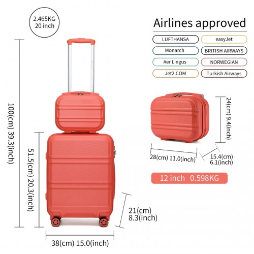Kono ABS 4 Wheel Suitcase Set with Vanity Case - Coral | Durable & Stylish Travel Luggage
