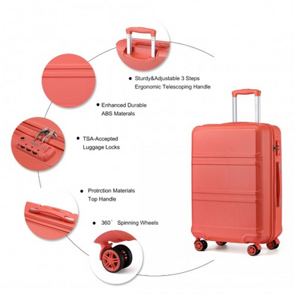 Kono ABS 4 Wheel Suitcase Set with Vanity Case - Coral | Durable & Stylish Travel Luggage