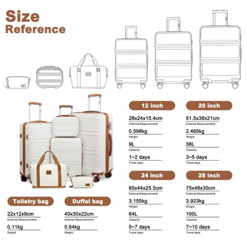 K1871-1L+EA2212 - Kono 6 Piece ABS Suitcase Set With 4 Wheel Design Including Vanity Case Weekend Bag And Toiletry Bag - Cream