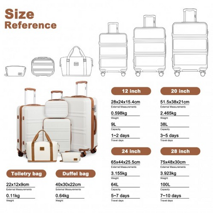 K1871-1L+EA2212 - Kono 6 Piece ABS Suitcase Set With 4 Wheel Design Including Vanity Case Weekend Bag And Toiletry Bag - Cream