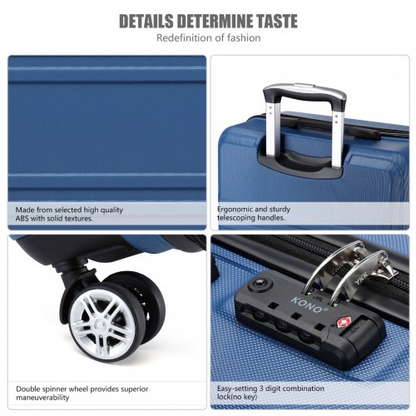 Kono 24 Inch Sculpted Horizontal Design Suitcase - Navy Blue | Durable ABS Material | TSA Lock