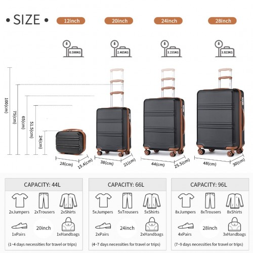 K1871-1L - Kono ABS Sculpted Horizontal Design 4 Pcs Suitcase Set With Vanity Case - Black And Brown